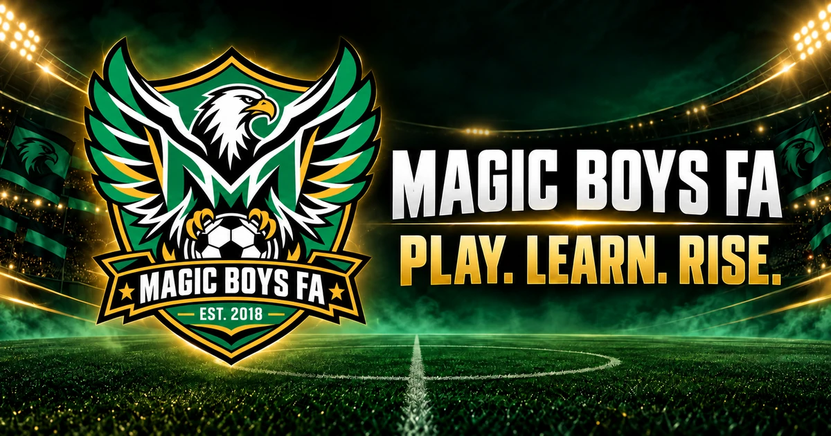 Magic Boys Football Academy crest and Play Learn Rise message