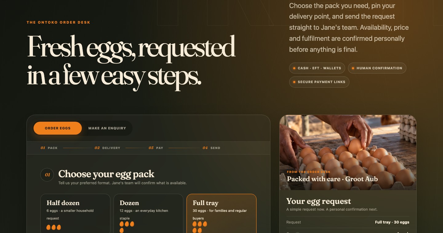 Ontoko Foods egg-order desk showing pack selection and a live request summary
