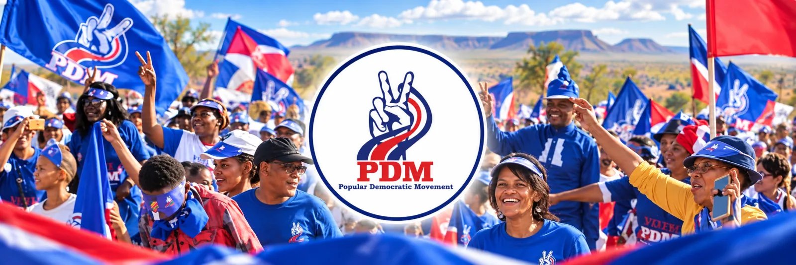 PDM Namibia national movement artwork with supporters, party flags and the PDM emblem